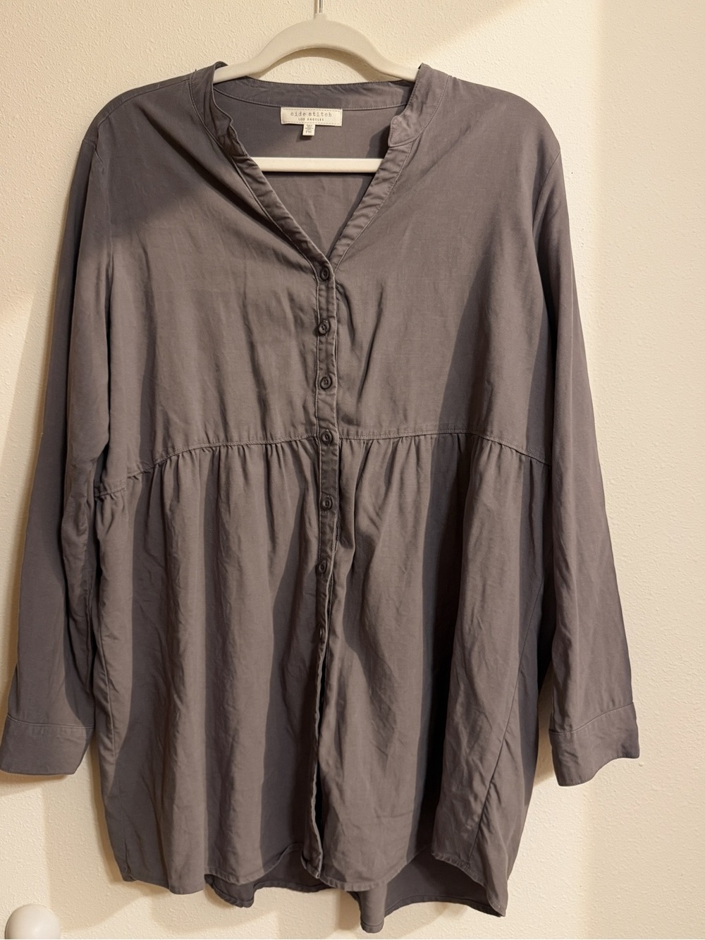 Side Stitch Lyocell Babydoll Button Down Tunic Top Size PM Charcoal Grey